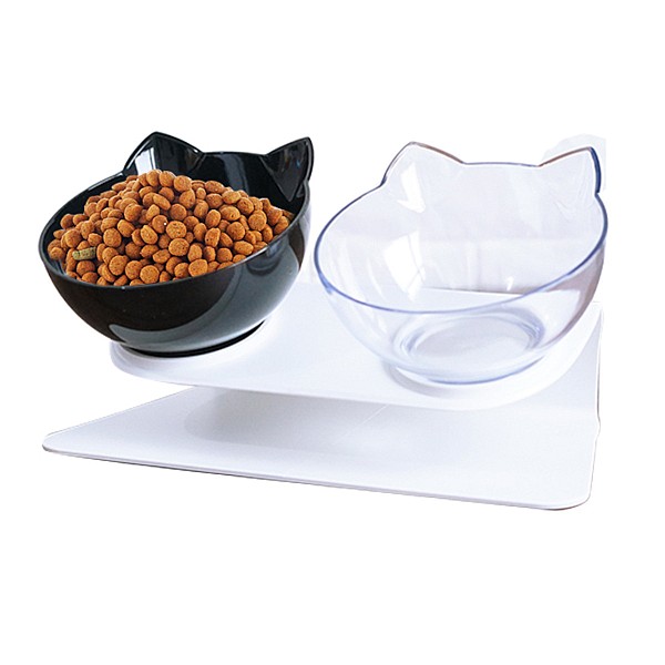 Πλαστικό Κεκλιμένο Μπολ Γάτας Φαγητού & Νερού Διαφανές Μαύρο με Βάση 2 Θέσεων 28*14*15cm