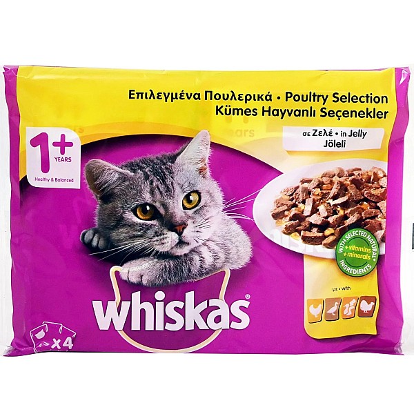 Whiskas τροφή γάτας επιλεγμένα πουλερικά σε ζελέ (4x100g)