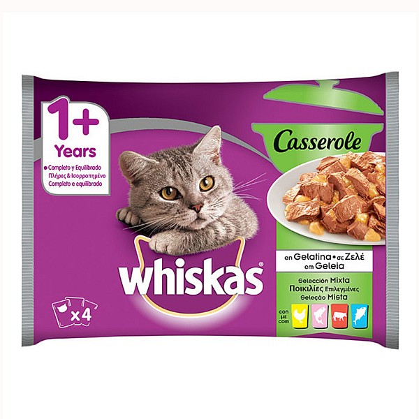 Whiskas τροφή γάτας casserole ποικιλίες επιλεγμένες σε ζελέ +1 έτους (4x85g)