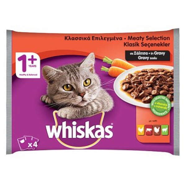 Whiskas τροφή γάτας επιλεγμένο κρέας σε σάλτσα +1 έτους (4x100g)