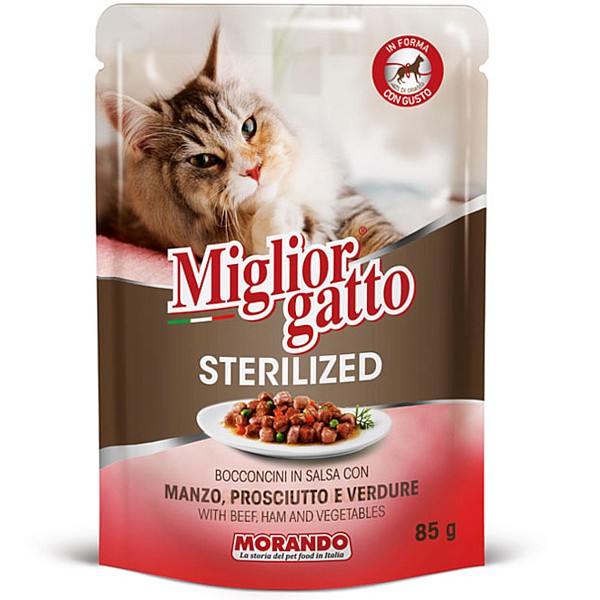 MIGLIOR GATTO Φακελάκι Για Στειρωμένες Γάτες με Βοδινό, Προσούτο & Λαχανικά σε Σάλτσα 85gr