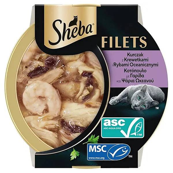 Sheba Fillets  με κοτόπουλο, ψάρι ωκεανού και γαρίδες σε σάλτσα,  60gr