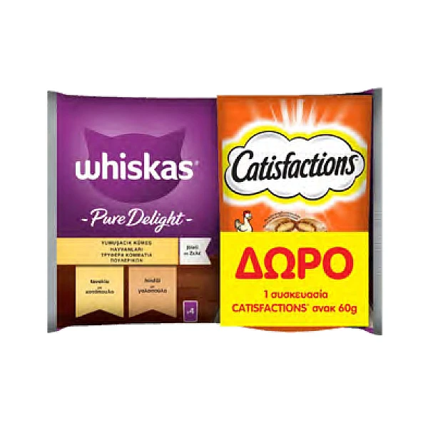 Whiskas pure delight mixed (4x85γρ) Κοτόπουλο/Γαλοπούλα Σε Ζελέ + Catisfactions με κοτόπουλο 60g Free