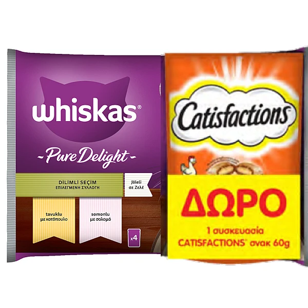 Whiskas pure delight mixed (4x85γρ) Κοτόπουλο/ Σολομό Σε Ζελέ + Catisfactions με κοτόπουλο 60g Free